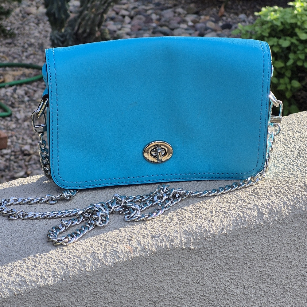 Teal Leather Coach Crossbody Bag/Purse  with Chain Strap